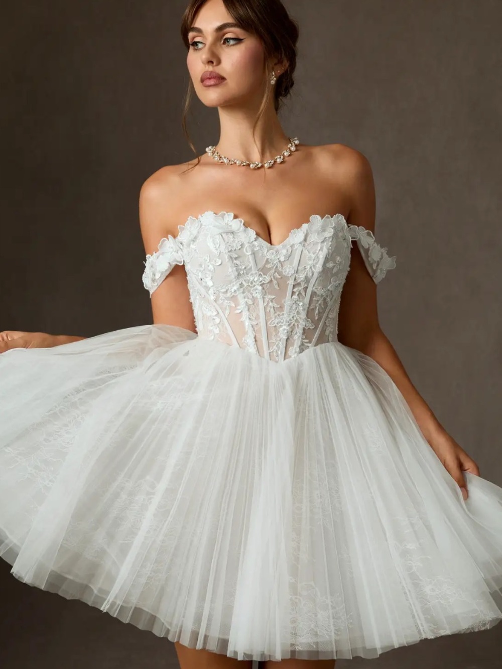 Azazie Strapless White Off-the-Shoulder Tulle Mini Dress